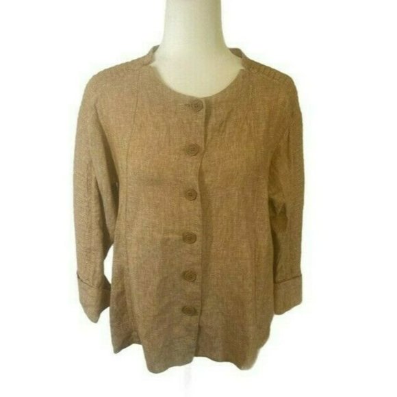Wrap London Tops - Wrap London Linen Blouse Women's 10 Brown Front Button Pleated Khaki Top